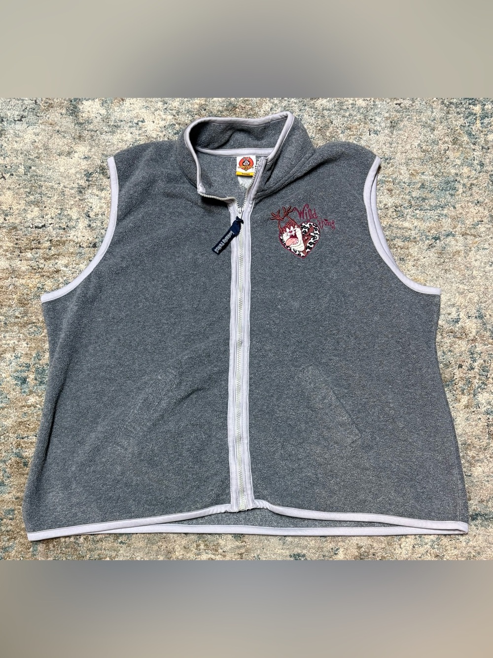 VTG Y2K 2000 Looney Tunes Taz Wild Thing Fleece Zip Up Grey Vest Women Plus Size